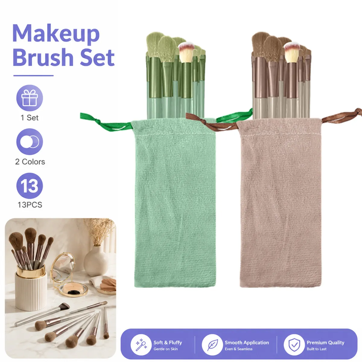 Ensemble de pinceaux de maquillage en Fiber synthétique souple, 13 pièces/ensemble, pinceaux cosmétiques pour le visage, les yeux, fond de teint, Blush, fard à paupières, avec pochette de rangement — image 1