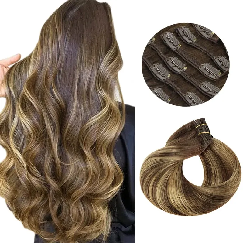 Sunmofavo Clip In Human Hair Extensions Straight Natural Light Brown Honey Ombre Balayage Black Hair Pieces For Women Full Head