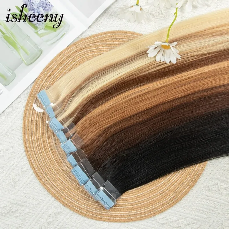 Isheeny Mini Tape In Human Hair Extensions 12"-24" Machine Remy Skin Weft Adhesive Tape Hair Natural Black Brown Blonde Tape Ons