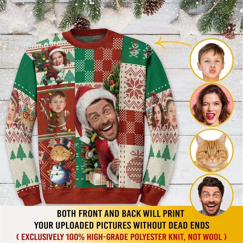 Custom Family Photo Christmas Sweatshirt Personalized Face Picture Print Xmas Tree Ugly Christmas Long Sleeve Party Tops — image 4