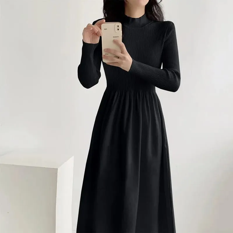 Autumn Winter Women Knitted Dress All-Match Simple Solid Half-High Collar Long Dresses Woman Korean Chic High Waist A-Line Dress — image 3