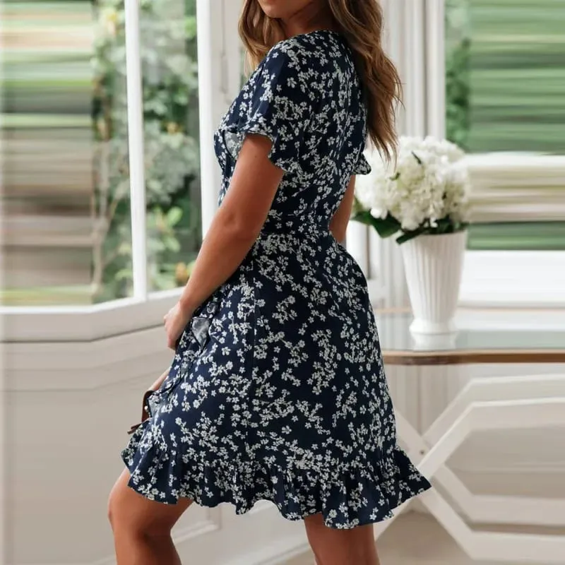 Customizable Women Dresses Summer Sexy V Neck Floral Print Boho Beach Dress Ruffle Short Sleeve A Line Mini Dress — image 6