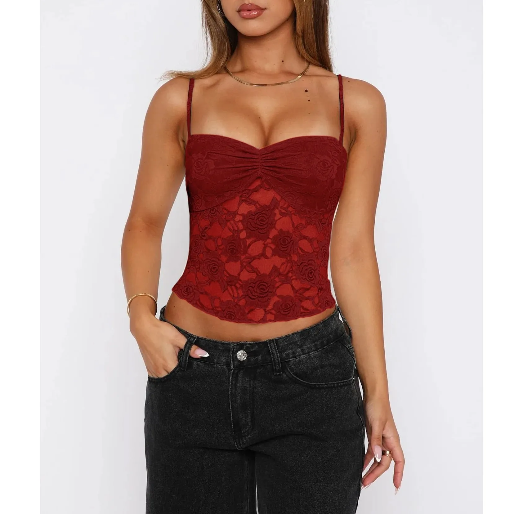 Baju Atasan Cami Renda Musim Panas Wanita Tanpa Lengan Ruched Depan Warna Pejal Kamisol Slim Fit Tank Top — image 2