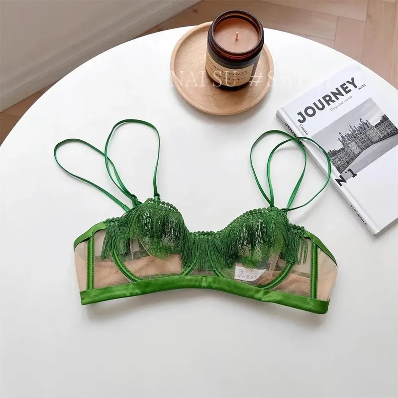 Premium Sheer Mesh Bra Set Fringed Lace Half-Cup Minimizer Ultra-Thin Luxury Lingerie Full Bust Coverage Slim Silhouette — image 7