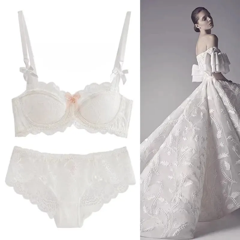 Modest French Pure Desire Bralette AB Cup Couverture complète Soutien-gorge en dentelle et ensemble Petit buste Push Up sans fil pour fille potelée Bow Grande taille