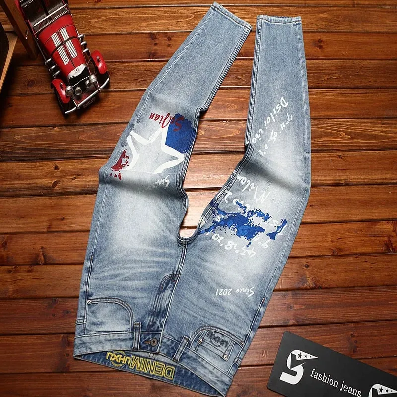 Fashionable printed jeans for men retro blue elastic slim fit small feet street fashion high-end denim casual pants