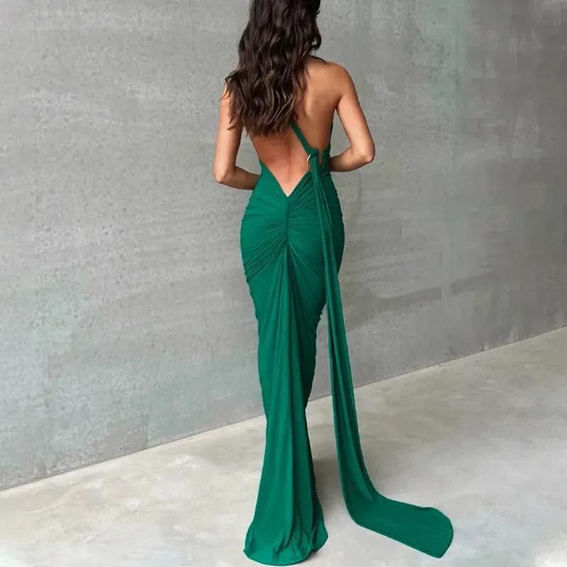 Hugcitar One Shoulder Backless Adjustable Scarf Loop Ruched Sexy Maxi Dress Women Elegant Y2K Streetwear Festival Outfit — image 13
