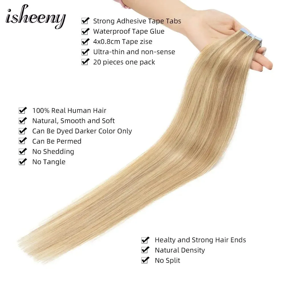 Isheeny Tape in Human Hair Extensions Straight 12"-20" Natural Machine Remy Tape Hair Extension 20pcs Black Brown Blonde Hair — image 3