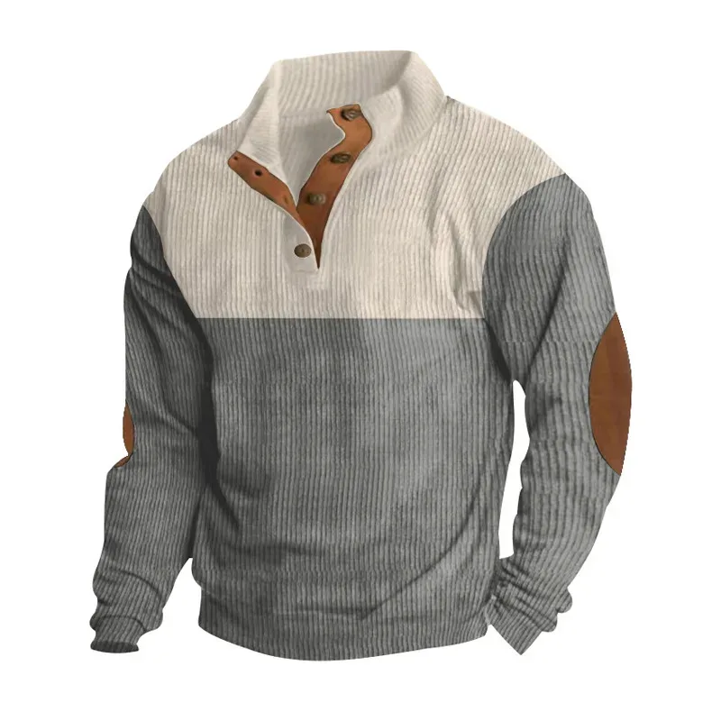 Men's Hoodies Spring And Autumn Corduroy Casual Patchwork Stand Collar Button Sports Hoodie Man Clothing — image 5