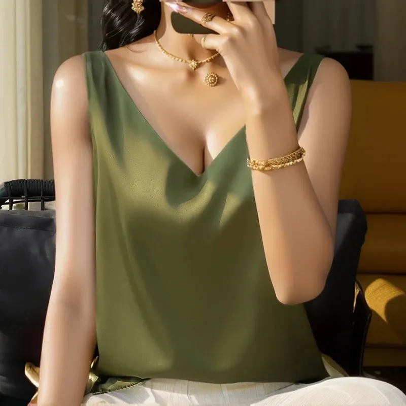 New Lce Silk Satin Camisole Women's Spring/Summer Solid Color Sleeveless Sexy Comfortable Silk Underwear Vest RW-D09 — image 3