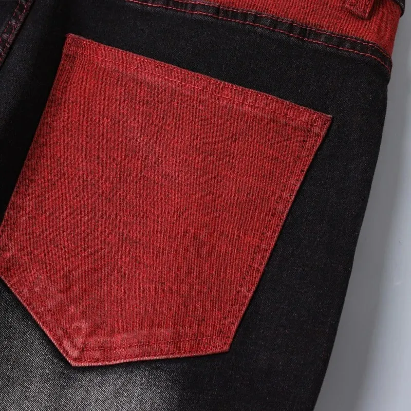 Jeans Stretch Hitam Pria untuk Celana Denim Musim Semi dan Musim Gugur dengan Detail Ripped Merah Ukuran Asia 28–42. — image 4