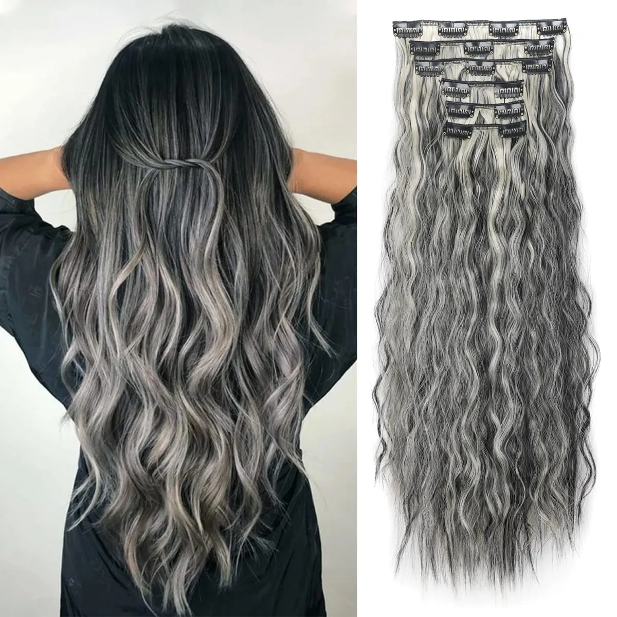 6PCS Clip In Hair Extensions Water Wave 20inch Long Synthetic Clip On Hairpiece Corn Wavy Style For Women Girls Daily Party