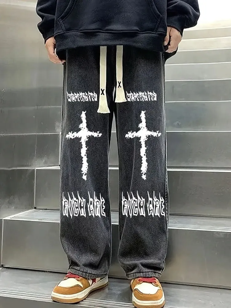 Printed Black Baggy Jeans Pants Men Straight Oversize Graphic Casual Wide Leg Denim Long Trousers Korean Drawstring Sweatpants — image 5