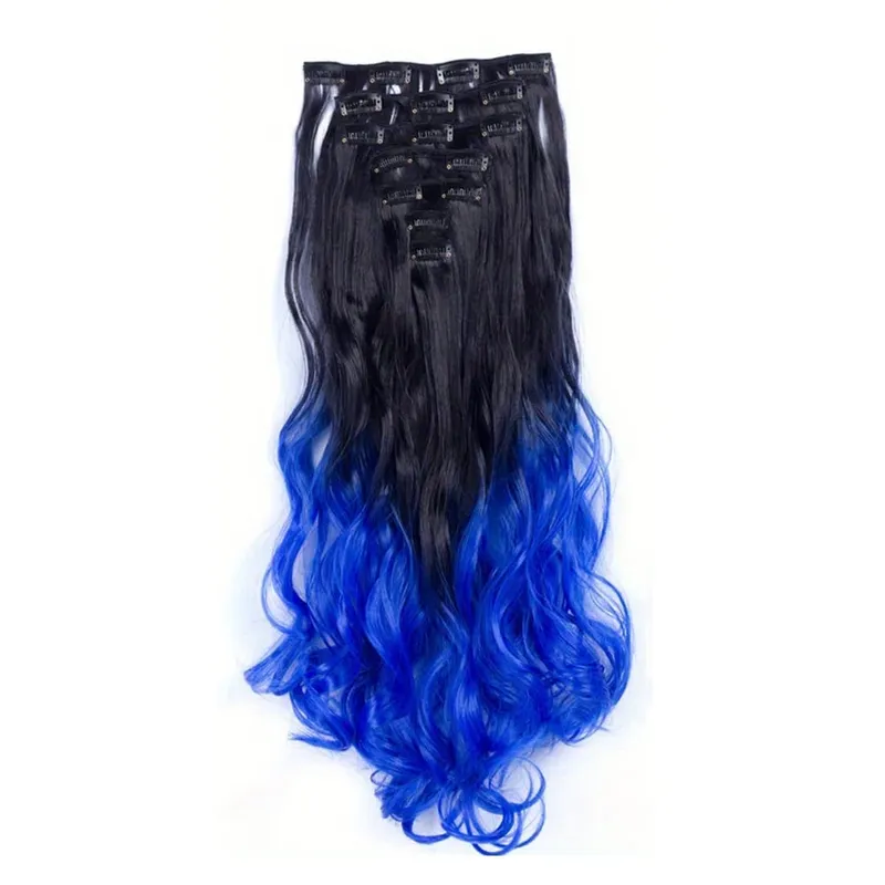 Clip in Hair Extensions Ombre Color Synthetic 7pcs Set Wavy Curly Hairpieces Black to Purple For Women Girls — image 8