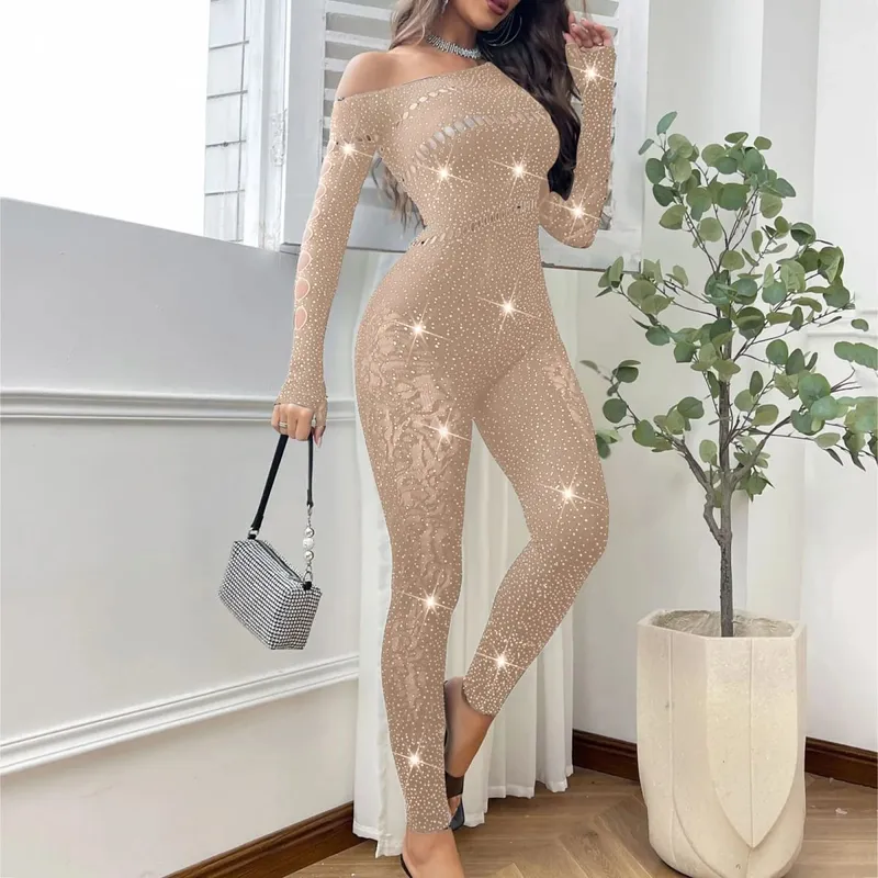 Combinaison Sexy en maille strass pour femmes, manches longues, transparente, bas de corps très extensibles, combinaison Club, grande taille, Stock Lingerie