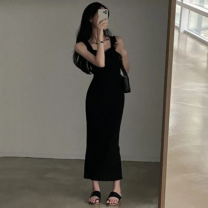 Myufon Basic Knit Long Dress Korean Fashion Square Collar Sleeveless Women's Dresses Summer Casual Y2k Vintage All-match Outftis — image 5