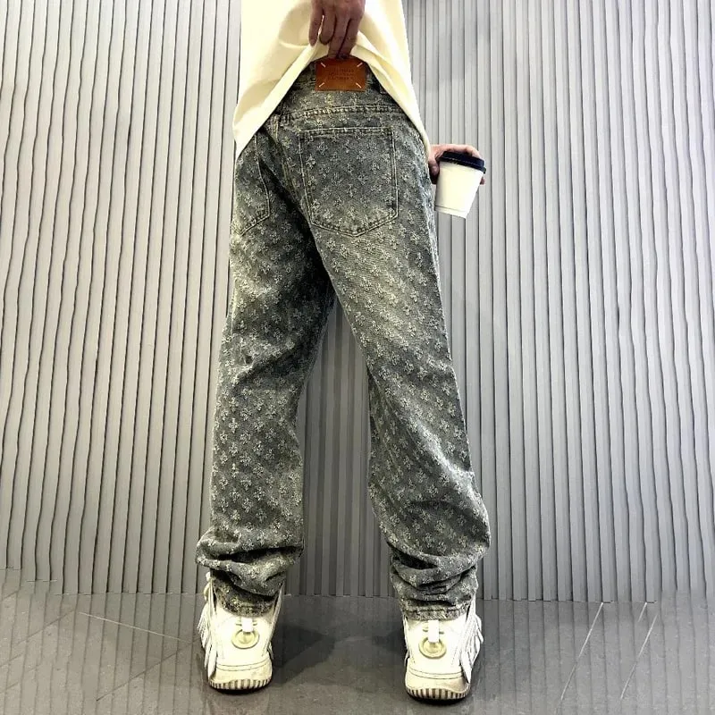 Jacquard Pattern Denim Pants Male Straight Fitting Baggy Bottoms Distressed Wide Jeans For Men — image 5
