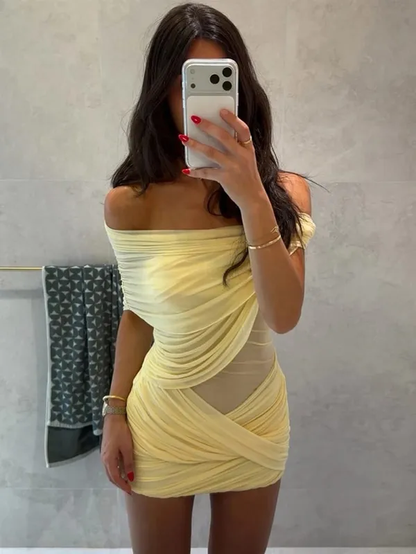 Gaun Panjang Berlipat Tanpa Tali Kuning Elegan Gaun Split Cinching Pinggang Tanpa Lengan Solid Chic Wanita 2026 Jubah Pesta Malam Wanita
