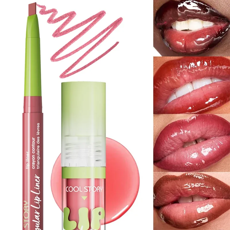 2 Buah Set Lip Liner Lip Gloss 2 In 1 Lipstik Kit Rias Kontur Bibir Halus Lipliner Matte untuk Wanita Kosmetik Kombo Minyak Menepuk-nepuk