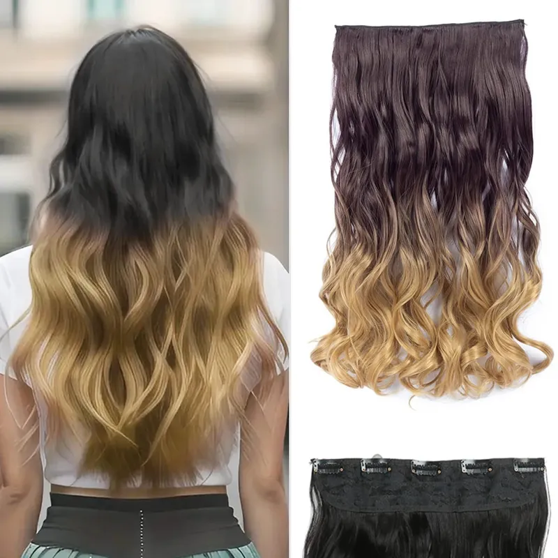 24 Inch Ombre Dip Dye Long Curly Clip in Hair Extensions Two Tone Thick Full Head Synthetic Hairpieces (Black to Dark Red) — image 10