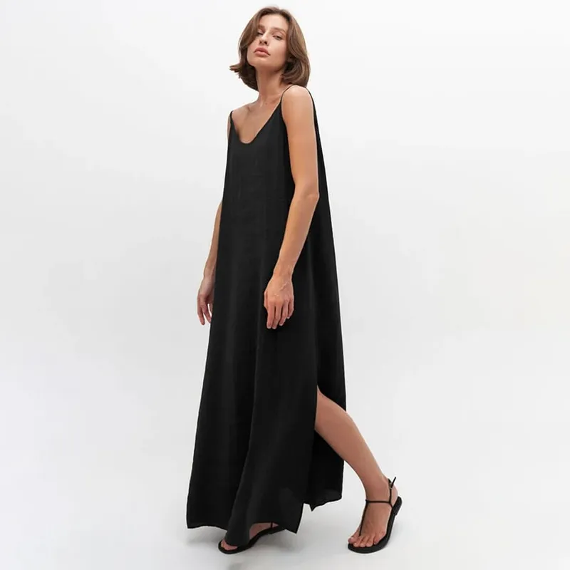 Linad Summer Casual White Long Dress Sexy Loose Backless Split Dresses Woman Street Chic V Neck Straight Dress For Women 2025 — image 8