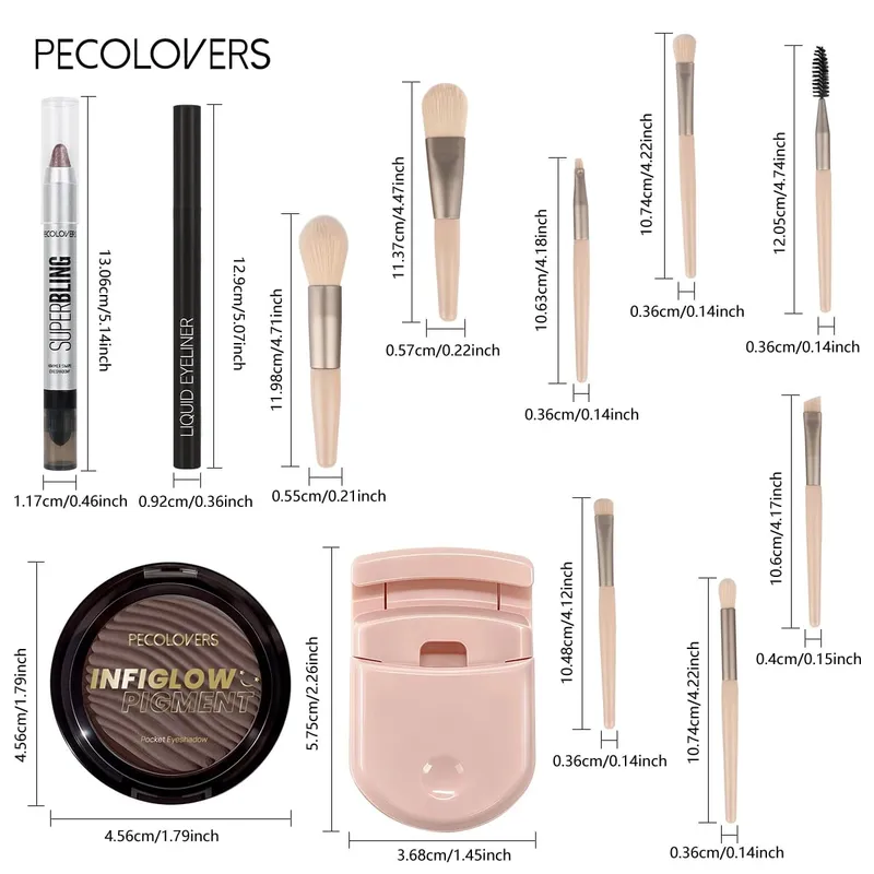 12PCS/SET Shimmer Eye Shadow Pen & Palette Liquid Eyeliner Lash Curler Eye Makeup Brushes Durable/Waterproof/Long Lasting
