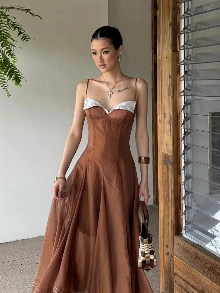 Gaun Panjang Wanita Berlipat Tambal Sulam Seksi Gaun Wanita Kerajaan Terpisah Tanpa Lengan Punggung Terbuka Ramping 2026 Jubah Wanita Pesta Pantai Musim Panas — image 5