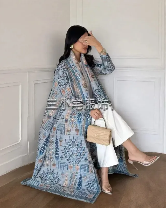 Women's Fold Miyake Pleated Abaya Long Sleeve Print Foldable Collar Robe Cardigan Coat New Winter Fashion Original Design 2026 — image 15