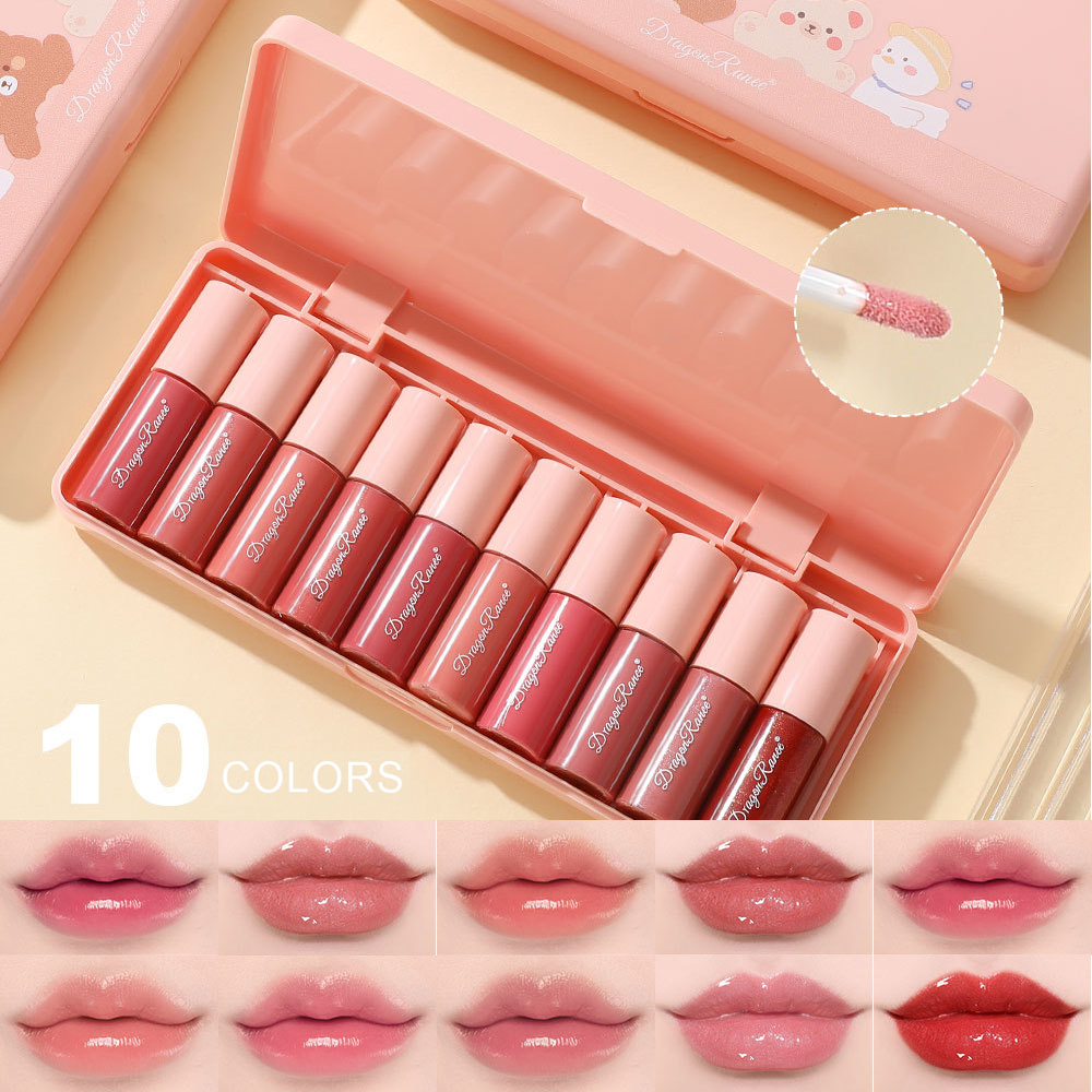 10Pcs/Box Mini Lip Gloss Set Waterproof Cartoon Lip Glaze Long Lasting Moisturizing Mirror Liquid Lipstick Cosmetic Lips Makeup