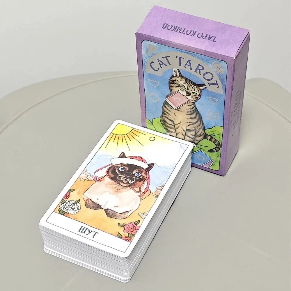 Kot Tarot Język rosyjski 10,3 * 6 cm Połącz autentyczność z kocim poczuciem humoru 78 szt. Kart Tarota z motywem kota