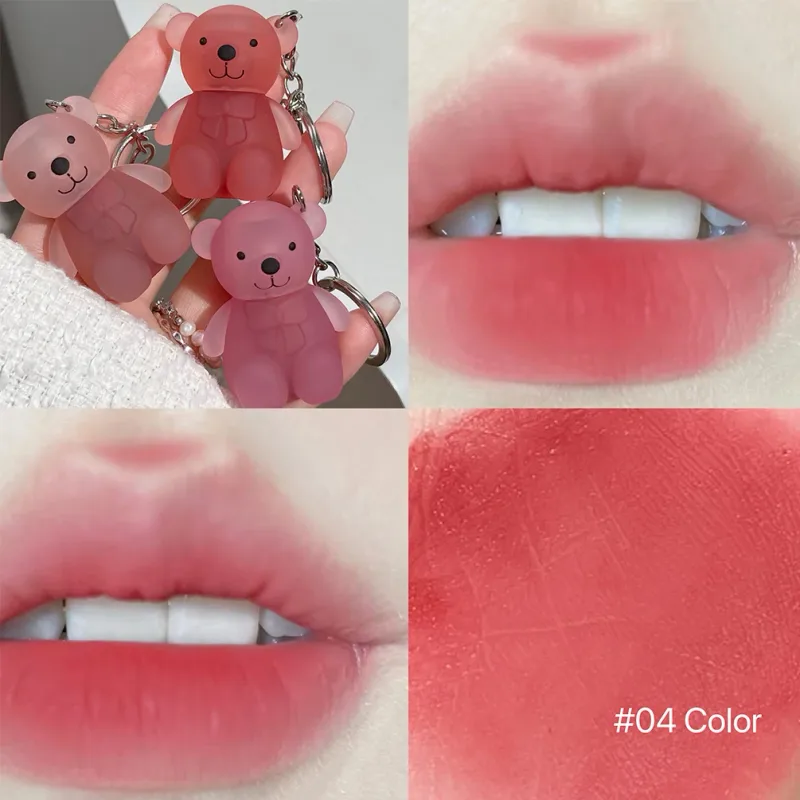 ART VALUE Cute Bear Lip Mud Keychain Matte Nude Red Lip Gloss Non-stick Cup Lipstick Waterproof Long Lasting Lipgloss Cosmetics