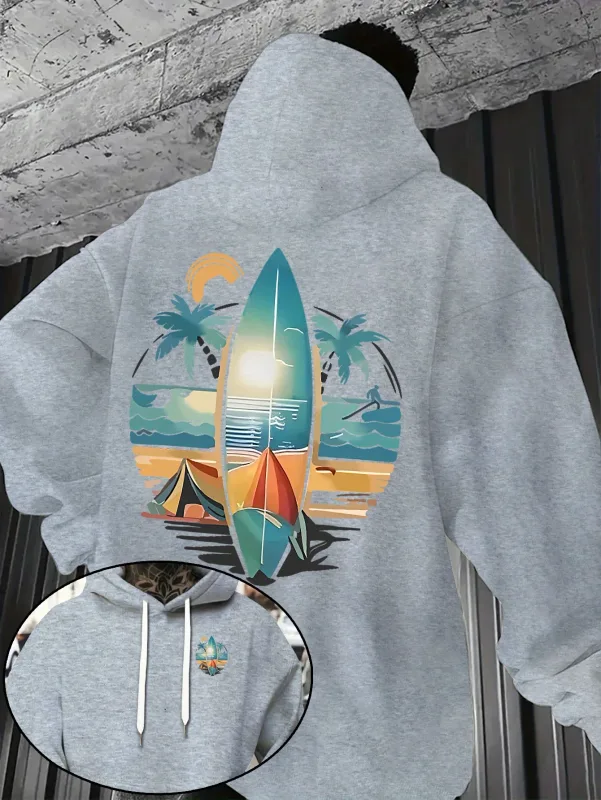 New Autumn/winter Men's Hooded Sweatshirt with Surfboard and Beach Print Loose Fit Stylish Street Style Comfortable Fit Hoodies — image 2