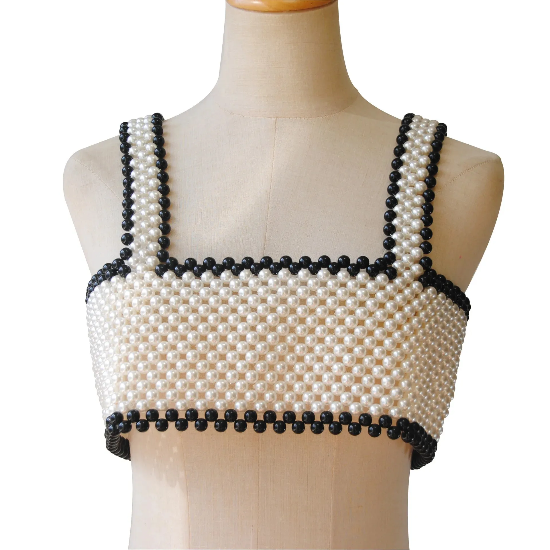 Sexy Women's Pearl Shoulder Bared Mesh Vest with Adjustable Ribbon Fashionable Sleeveless Summer Wear Ladies Pearl Top