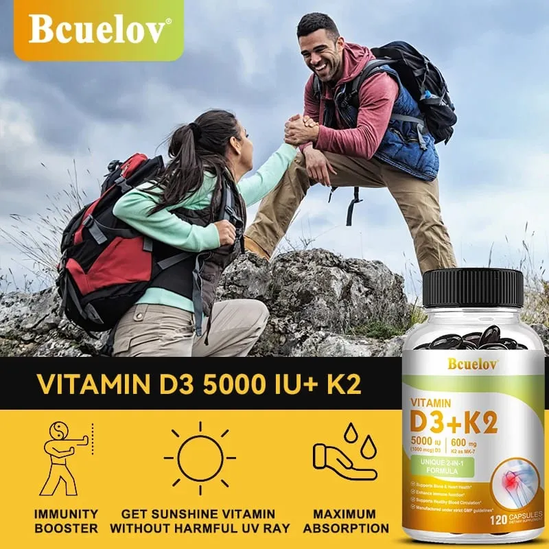 Bcuelov Vitamin D3+K2 5000 IU Vitamin D3 non-GMO formula easy-to-swallow vitamin D and K complex dietary supplement — image 6