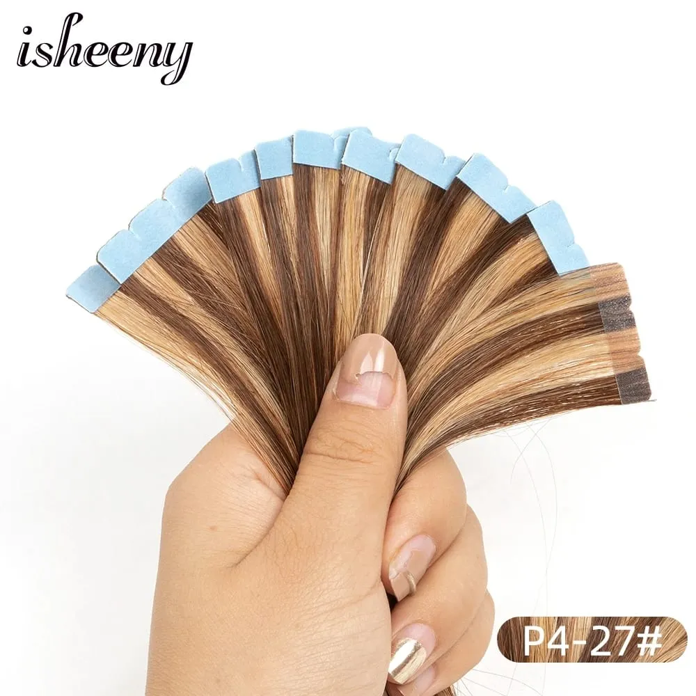 Isheeny 12"-24" Mini Tape Hair Extensions Machine Remy Skin Weft Adhesive Tape In Human Hair Natural Black Brown Blonde 10pcs