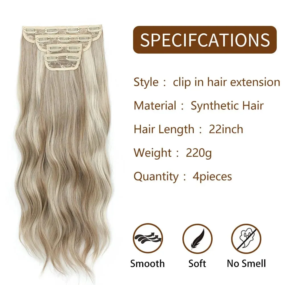 4 pçs/set 11 clipes 22 polegadas 220g ondas de praia clipe em extensões de cabelo loira arenosa champanhe resistente ao calor sintético peruca — image 3