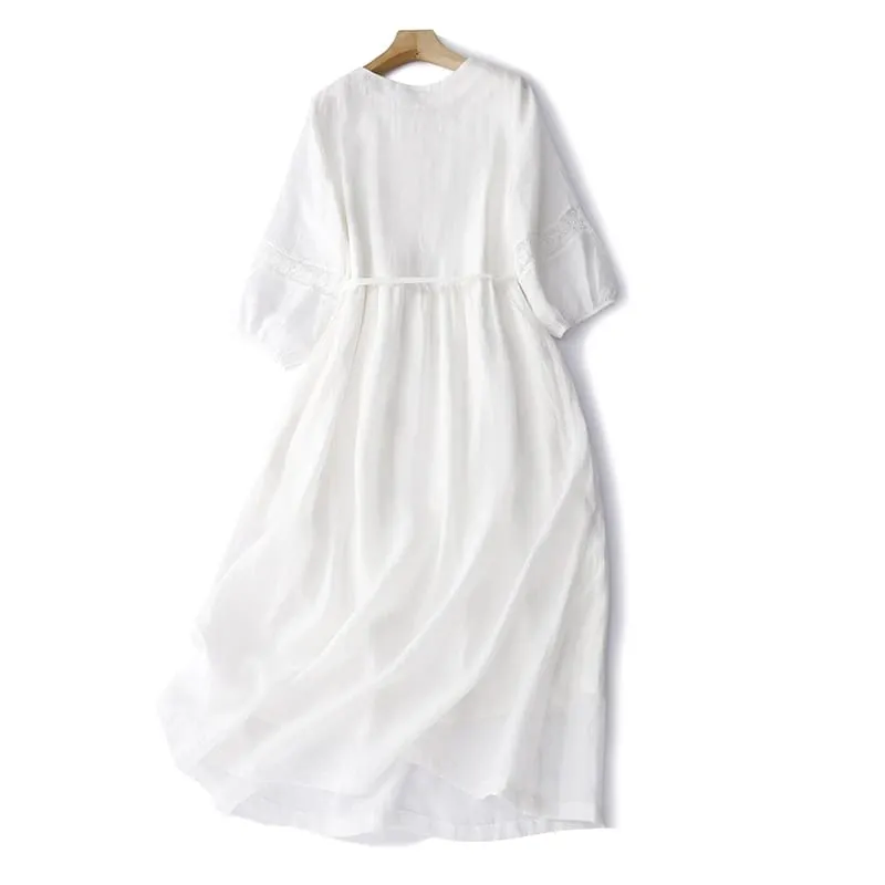Verão vintage bordado branco vestidos longos para mulher 2026 casual respirável cor sólida vestido fino femme robe roupas elegantes