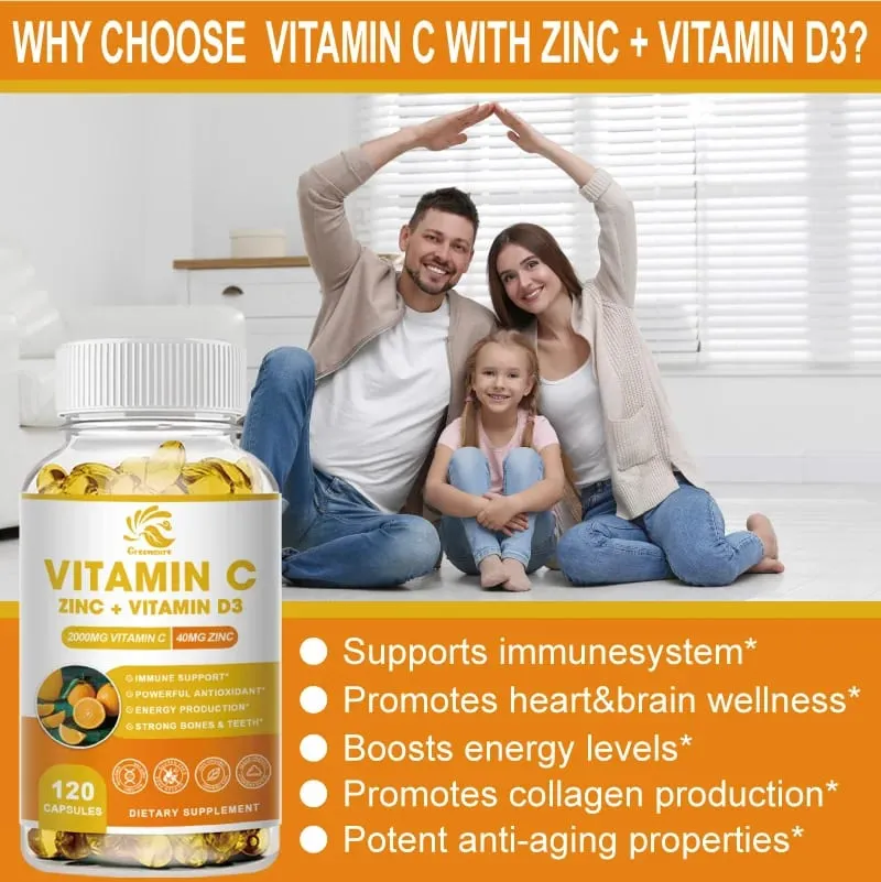 Greensure Supplements Zinc 40mg Vitamin C 2000mg and Vitamin D3 5000 IU (125mcg) Per Serving - 60/120 Capsules — image 2