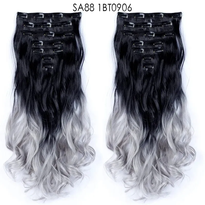 Clip in Long Wavy Synthetic Hair Extension 22 Inch Black 7PCS Thick Hairpieces Fiber Double Weft Hair for Women