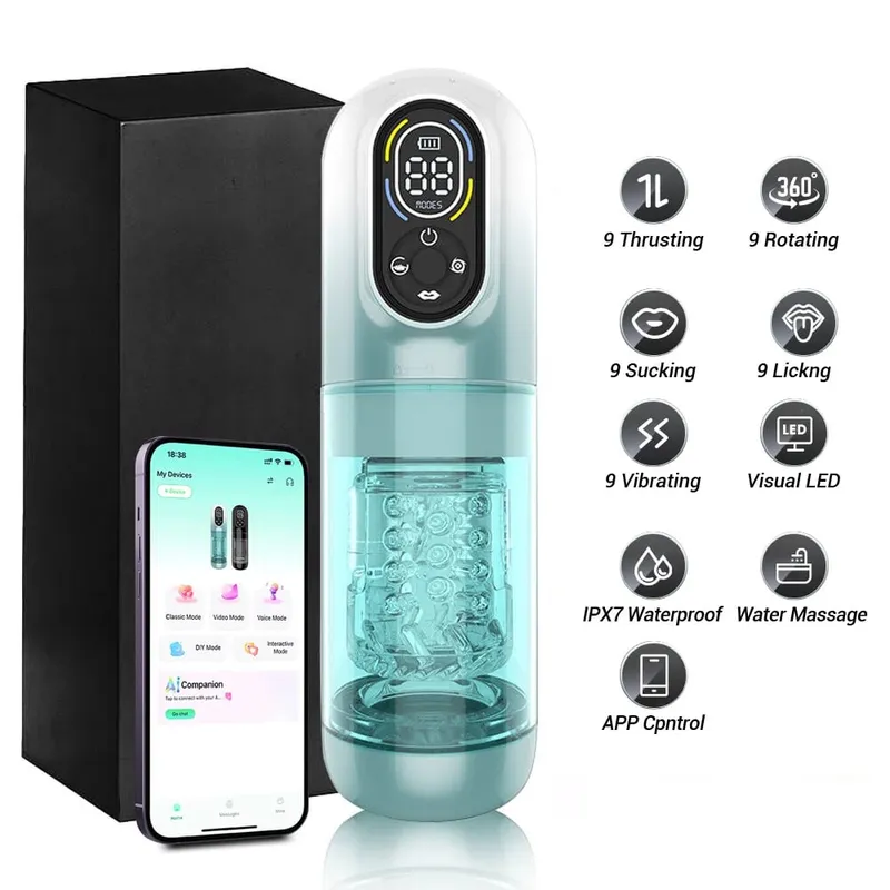 Tự Động Nam Masturbator Dương Vật Bơm Đâm Xoay 9 Rung Hút Liếm Chế Độ Thị Giác LCD Túi Âm Hộ Đồ Chơi Tình Dục Người Lớn