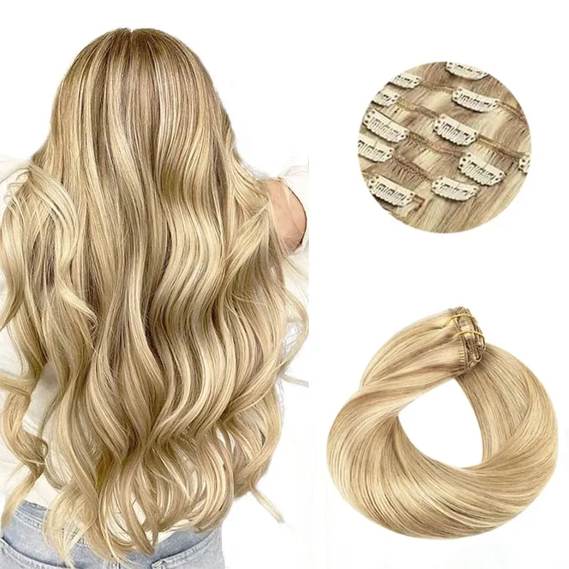 Sunmofavo Clip In Human Hair Extensions Straight Natural Light Brown Honey Ombre Balayage Black Hair Pieces For Women Full Head