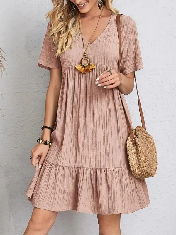 Elegant Solid V Neck A Line Dress 2024 New Summer Ruffles Loose Mini Dress Casual Short Sleeve Beach Party Vestidos Streetwear — image 5