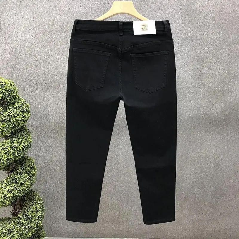 High-Quality Korean Street Men's Slim Jeans for Spring and Autumn with Denim Fabric and Casual Solid White Black Punk Trousers