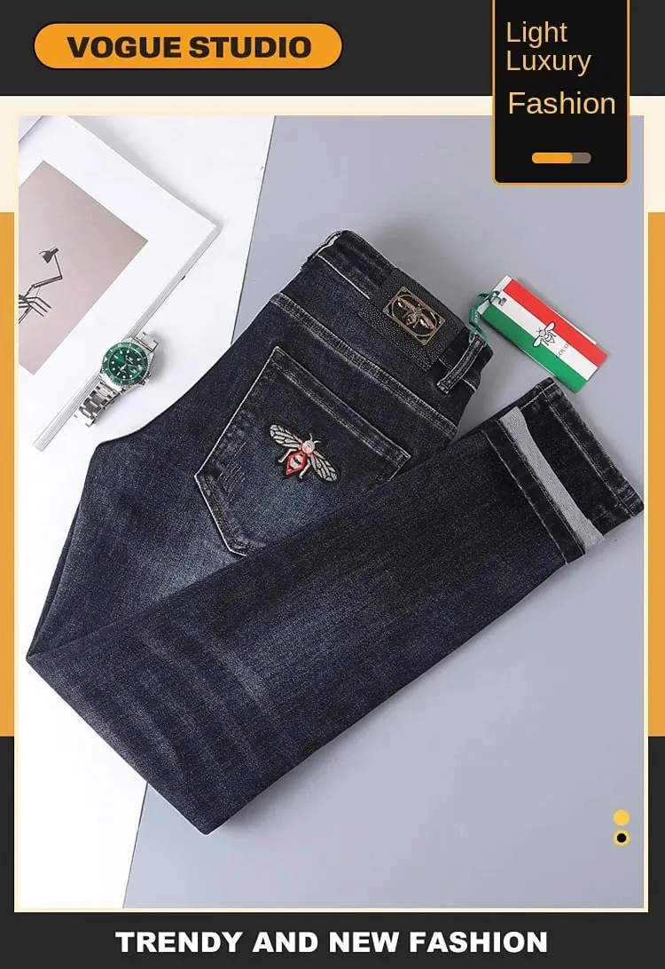 Autumn and Winter Thick Jeans for Men 2024 New Embroidered Fashion Elastic Slim Fit High-End Men's Clothing Denim Trousers