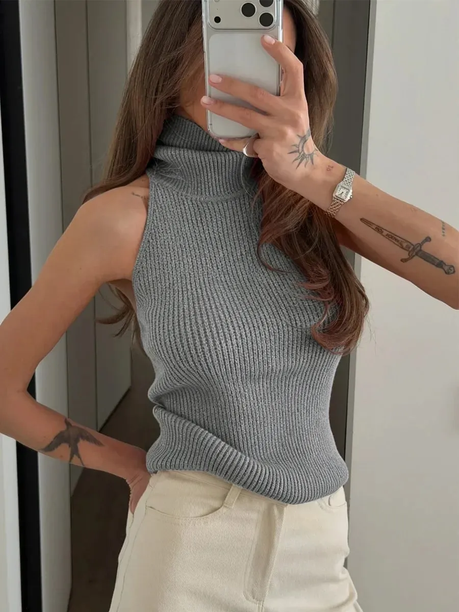 Solid Color Knit Sleeveless Tank Top Women High Neck Backless Slightly Fitted Cropped Vest Minimal Daily Fashion Casual Outfit — image 11