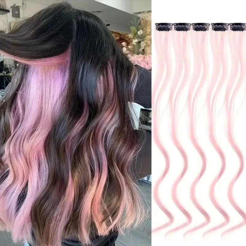 5Pcs Colored Hair Extensions Party Highlights Curly Wavy Hairpiece Clip In Synthetic Streak For Girls Women Halloween Wig — image 11