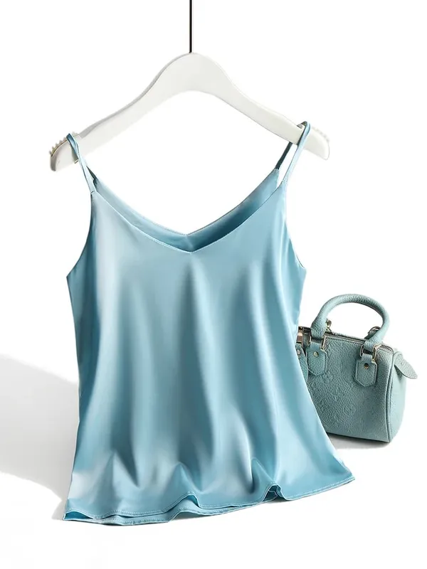 2026 Spaghetti Strap Top Women Halter V Neck Basic White Cami Sleeveless Satin Silk Tank Tops Women'S Summer Camisole — image 11