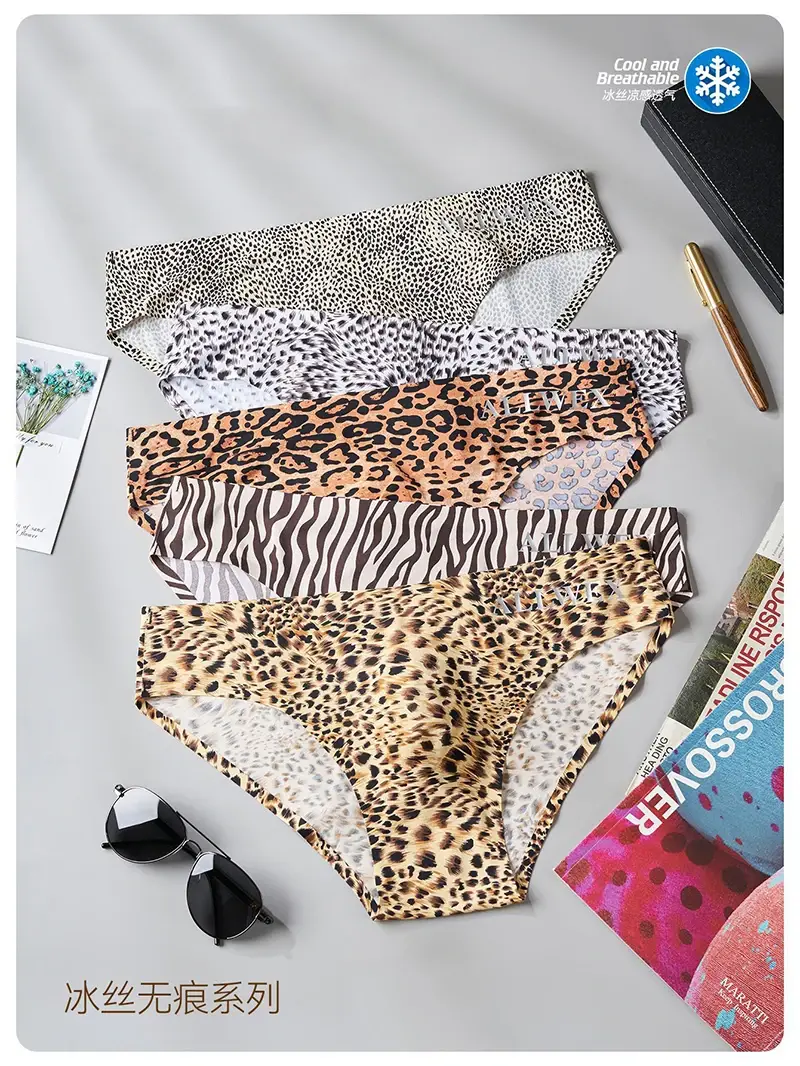 Mens Ice Silk Briefs Summer Ultra-thin Seamless Sexy Panties Leopard Print Quick Drying Breathable Underwear 3D Pouch Underpants — image 1
