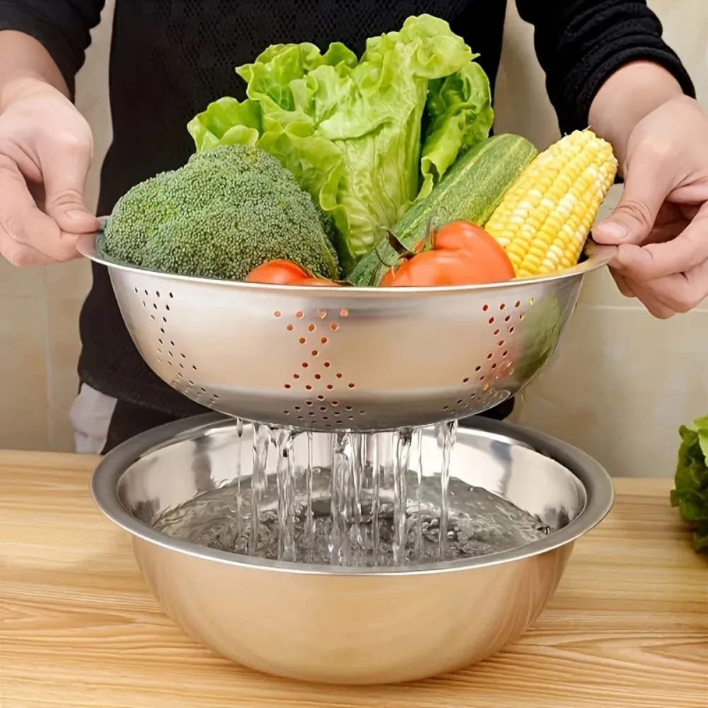 3pcs Stainless Steel Multi-Functional Kitchen Grater Set Draining Bowl with Vegetable Washing Mandoline Slicer for Potato — image 7