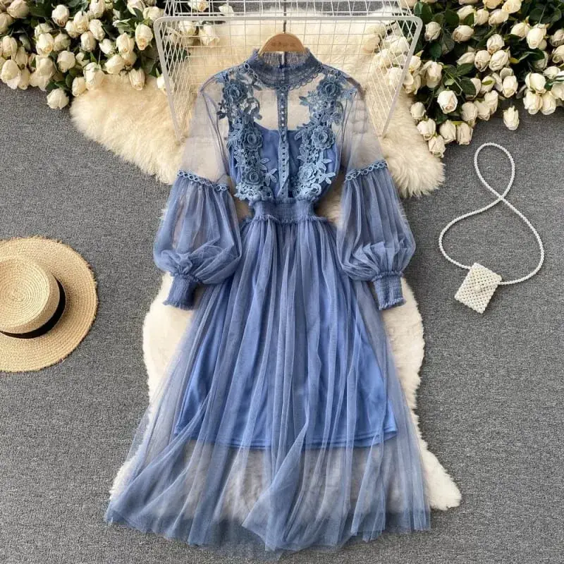 New Lace Flower Mesh Dress Summer Lantern Sleeve White Long Dresses For Women Party Vintage Elegant Dress 2 Piece Sets 12041 — image 2